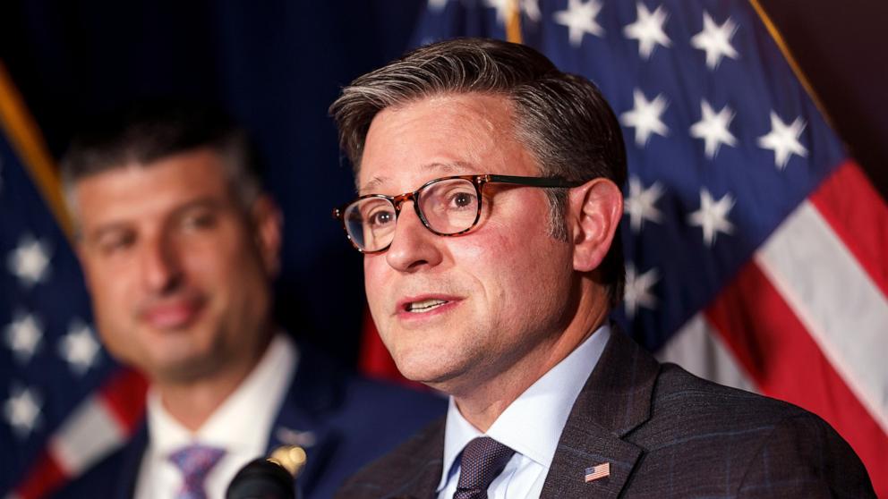 PHOTO: Speaker of the House Mike Johnson speaks during a press conference with House Republican leadership at the Republican National Committee near the US Capitol, Washington, September 9, 2025.