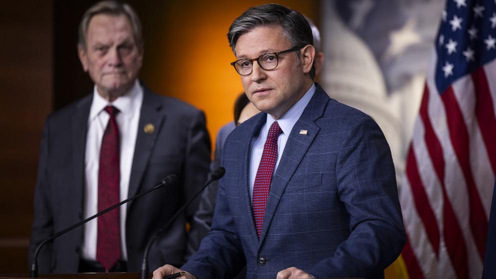 PHOTO: Republican Speaker of the House Mike Johnson speaks to reporters about the on-going government shutdown in the US Capitol in Washington, October 22, 2025.
