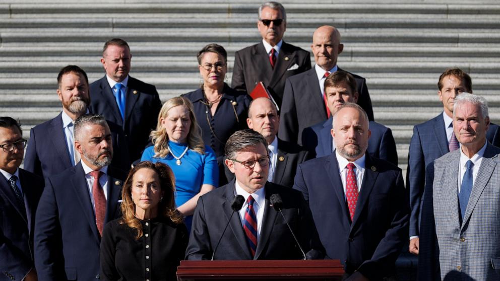 PHOTO: House Speaker Mike Johnson speaks at the podium alongside fellow Republicans during a news conference, November 5, 2025, Capitol Hill in Washington.