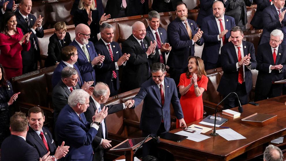 PHOTO: Rep. Mike Johnson shakes hands with Representatives after he re-elected as the Speaker of the House on the first day of the 119th Congress at the U.S. Capitol in Washington, Jan. 3, 2025.