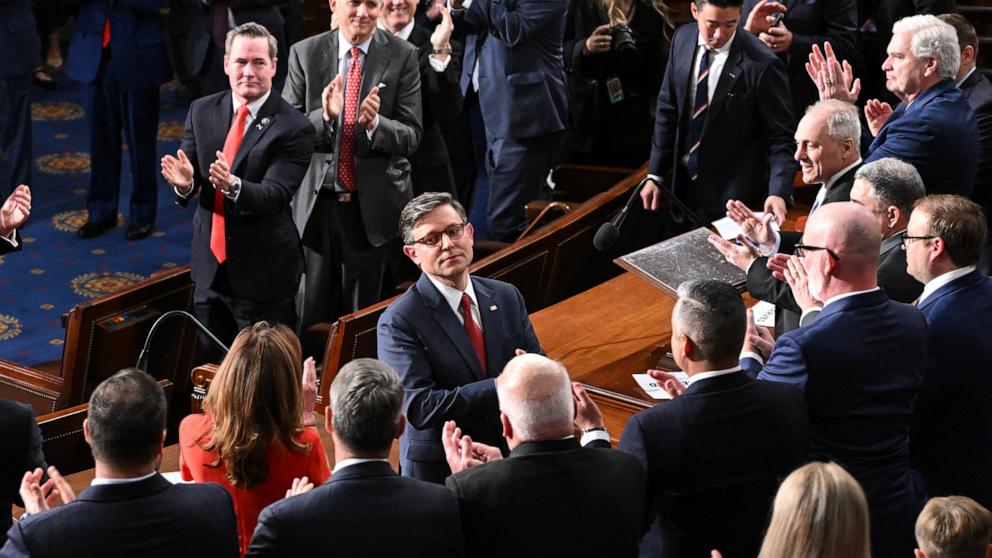 PHOTO: Rep. Mike Johnson is applauded after he was re-elected as the Speaker of the House on the first day of the 119th Congress at the U.S. Capitol in Washington, Jan. 3, 2025.