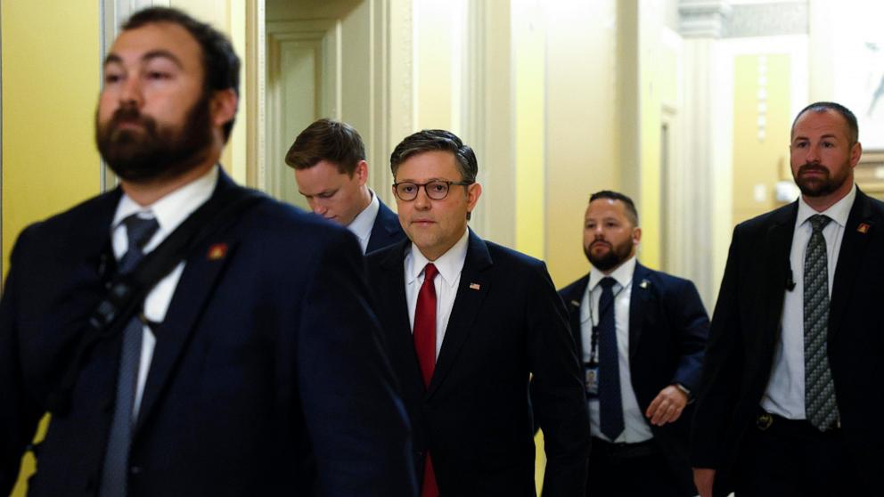 PHOTO: Speaker of the House Mike Johnson walks to depart the U.S. Capitol, July 2, 2025 in Washington.