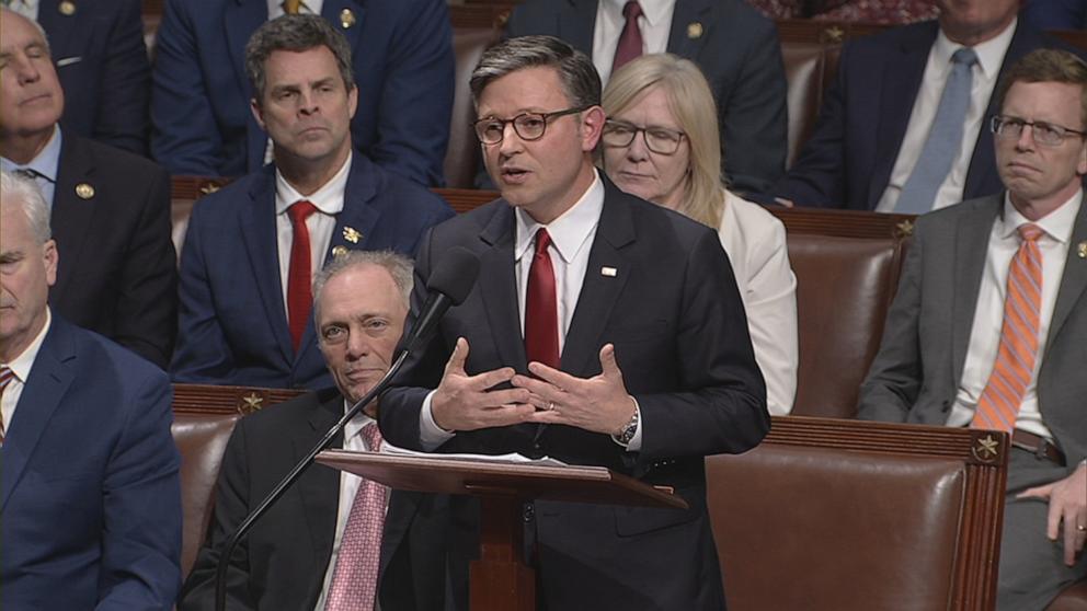 PHOTO: Speaker of the House Mike Johnson speaks on the floor of the House of Representatives in Washington, July 3, 2025.