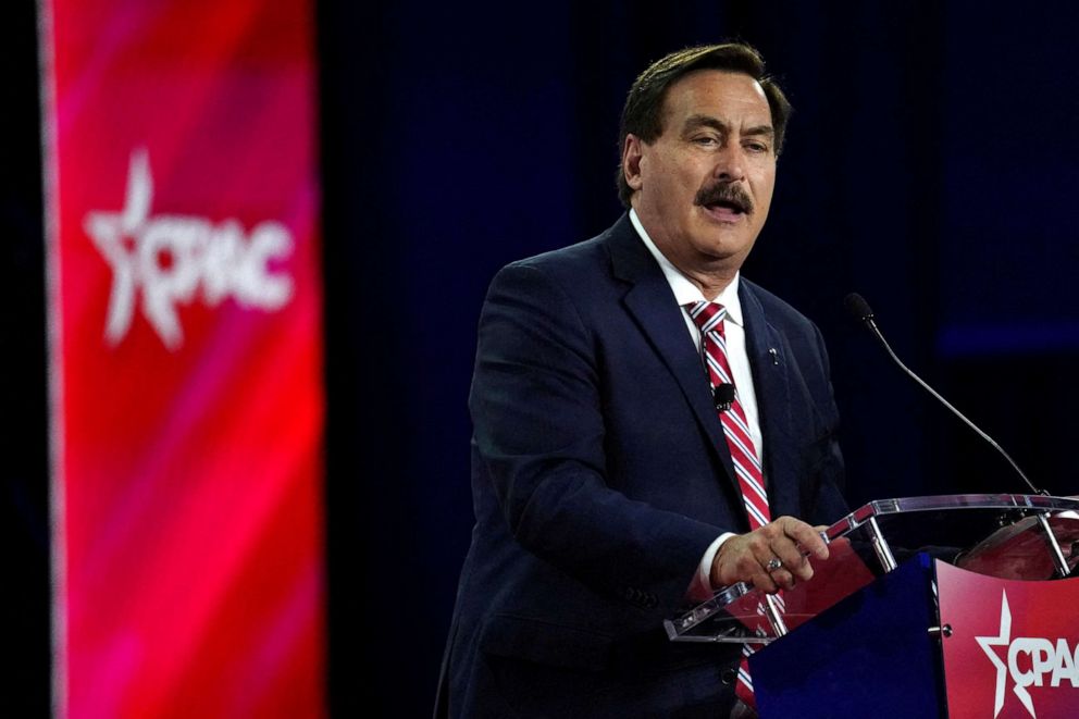 PHOTO: In this Aug. 5, 2022, file photo, Mike Lindell, CEO of MyPillow, speaks during the general session at the Conservative Political Action Conference (CPAC) in Dallas, Texas.