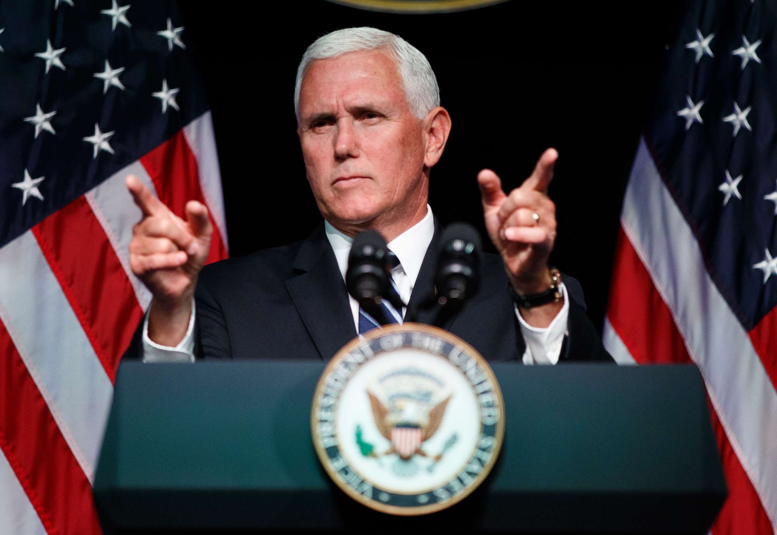 PHOTO: Vice President Mike Pence gestures during an event on the creation of a U.S. Space Force, Aug. 9, 2018, at the Pentagon.