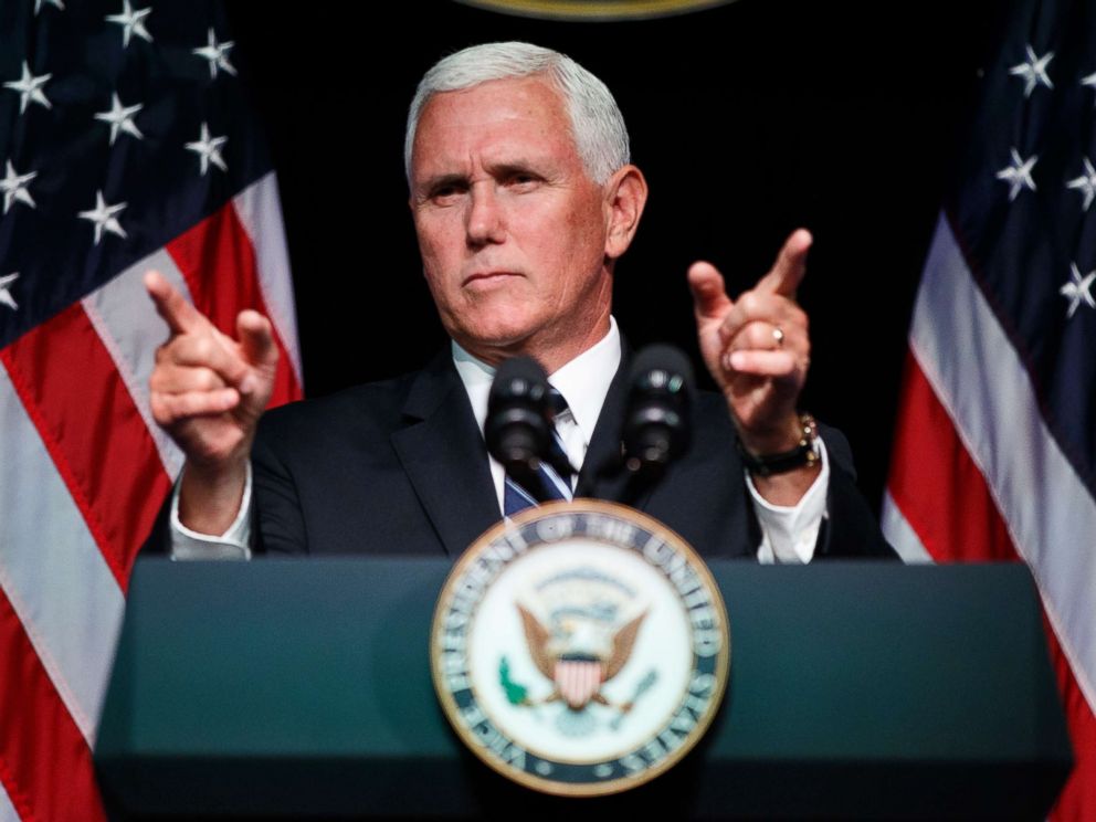 PHOTO: Vice President Mike Pence gestures during an event on the creation of a U.S. Space Force, Aug. 9, 2018, at the Pentagon.