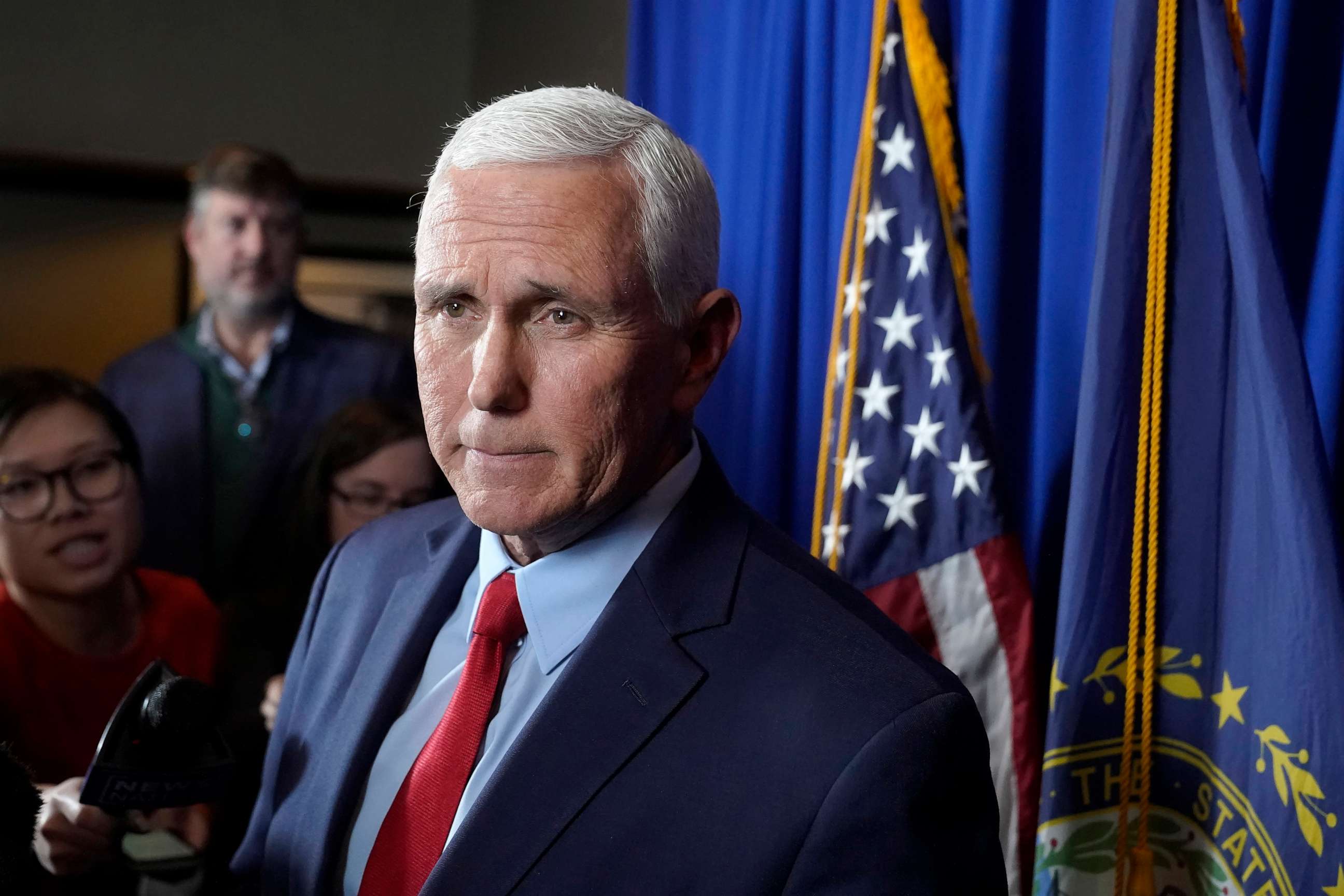PHOTO: Former Vice President Mike Pence faces reporters after making remarks at a GOP fundraising dinner, March 16, 2023, in Keene, N.H.