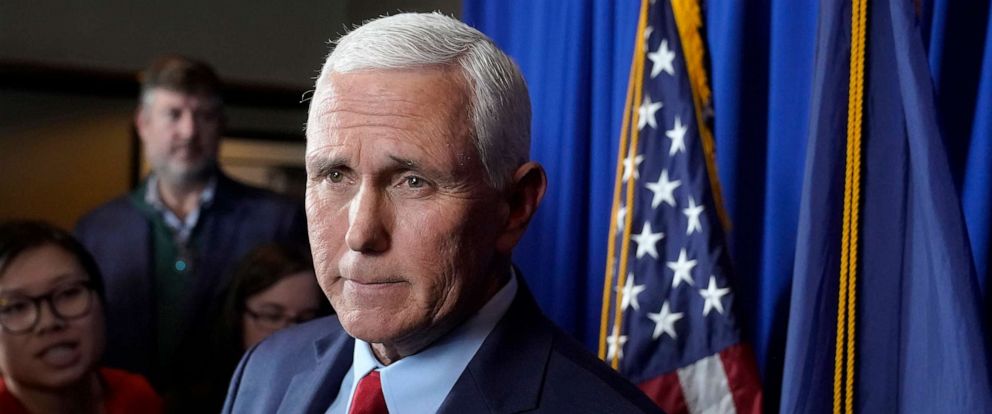 PHOTO: Former Vice President Mike Pence faces reporters after making remarks at a GOP fundraising dinner, March 16, 2023, in Keene, N.H.