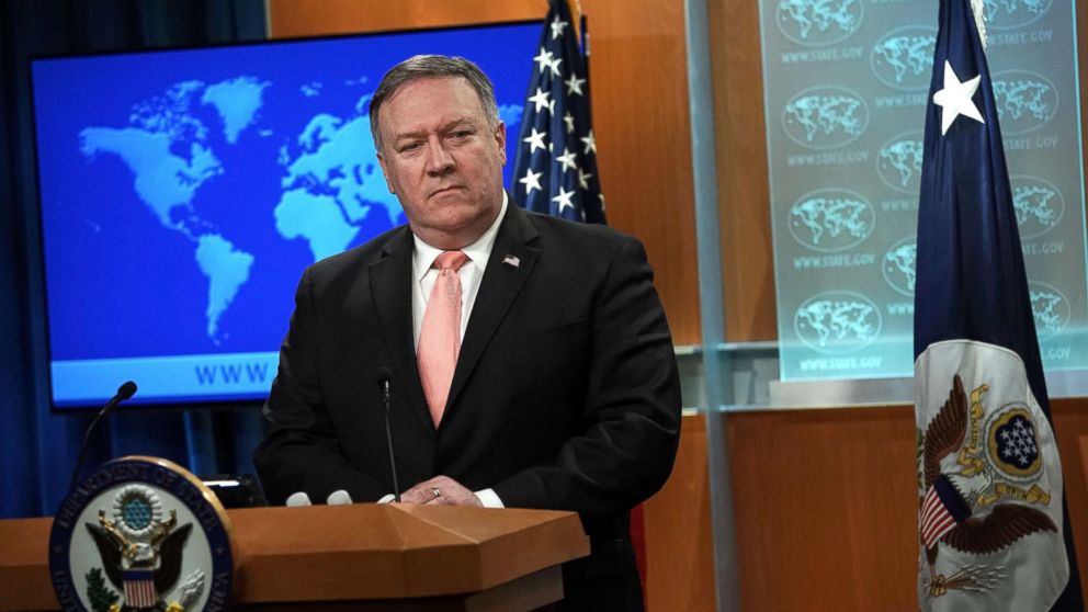 PHOTO: Secretary of State Mike Pompeo speaks to members of the media in the briefing room of the State Department, Oct. 23, 2018, in Washington, DC.
