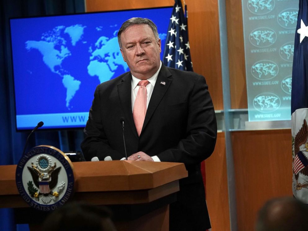 PHOTO: Secretary of State Mike Pompeo speaks to members of the media in the briefing room of the State Department, Oct. 23, 2018, in Washington, DC.
