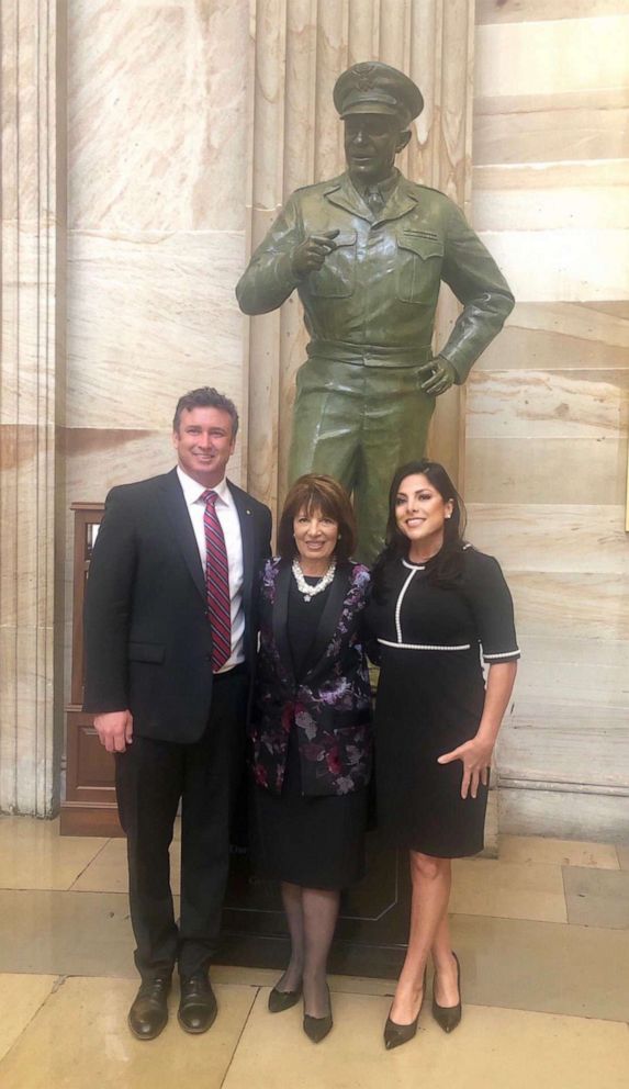 PHOTO: Attorney Natalie Khawam, Army Sgt. Richard Stayskal and Rep. Jackie Speier pose for a photo together.