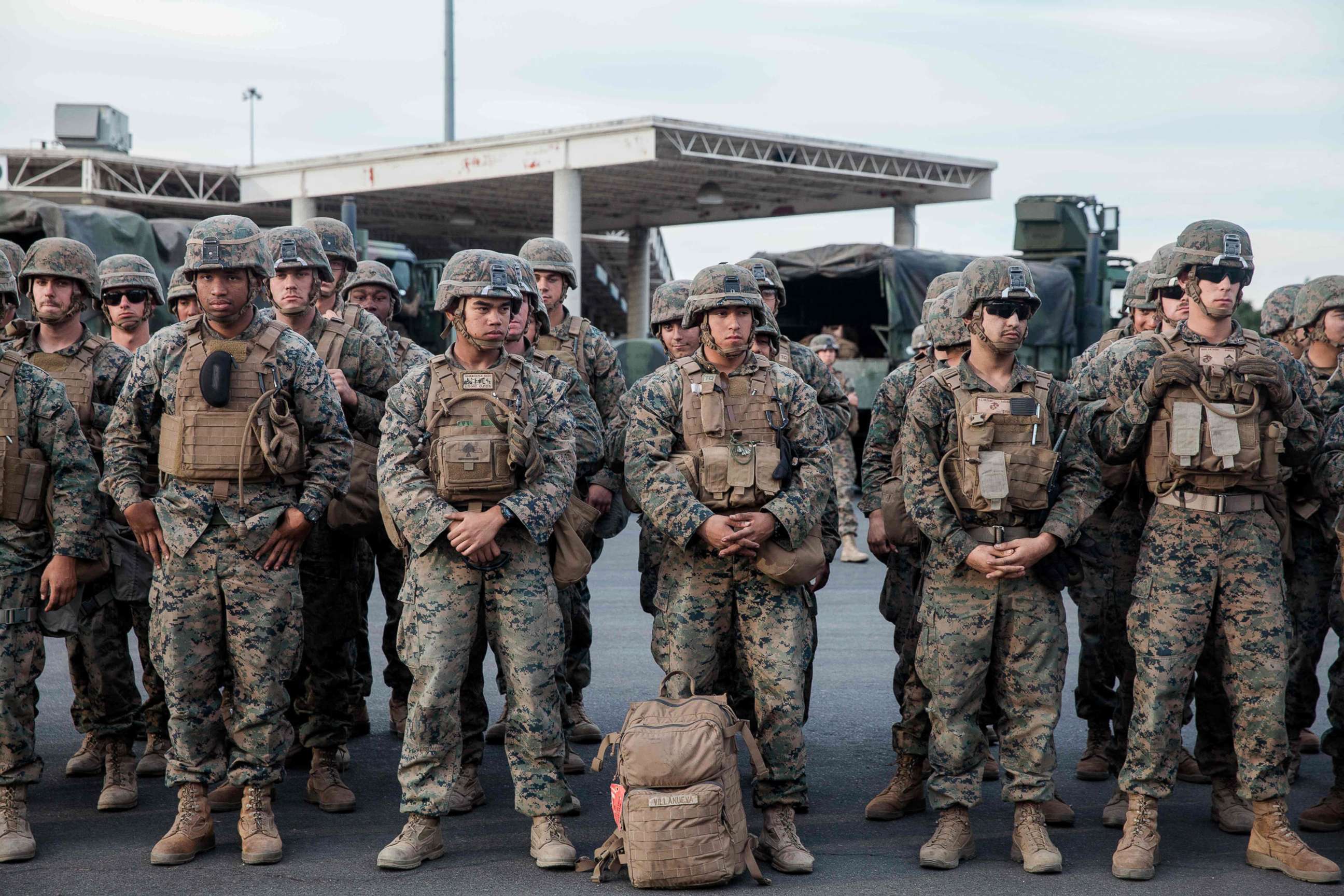 PHOTO: U.S. Military stand in line for a drill near the Otay Mesa Port of Entry, Calif., on Nov. 15, 2018.