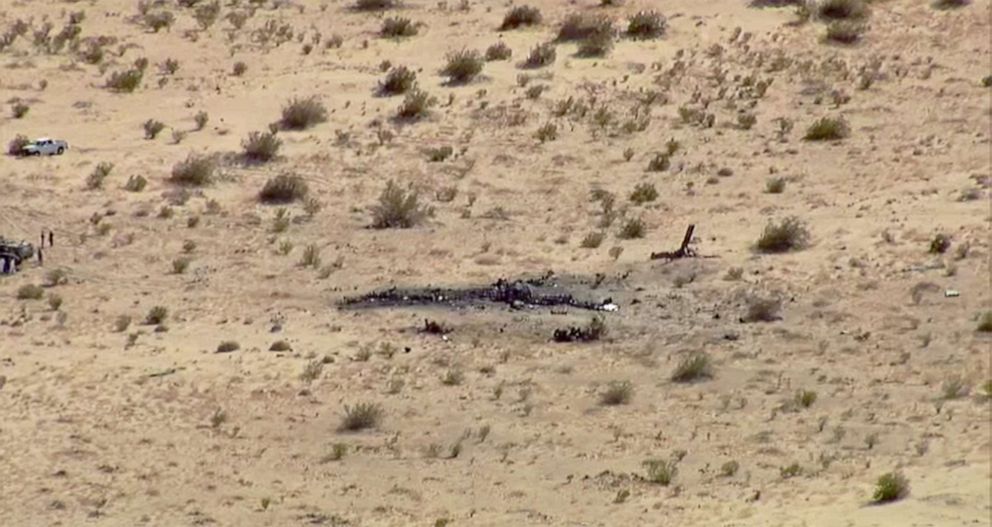 PHOTO: An aerial view show debris on the scene of a military aircraft crash in Glamis, Calif., June 8, 2022.