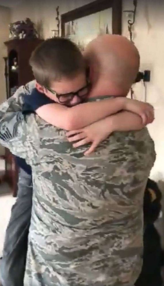 PHOTO: Airman Mark Coffelt, who had been deployed to Qatar, surprised his son, Ronin, for his 9th birthday.