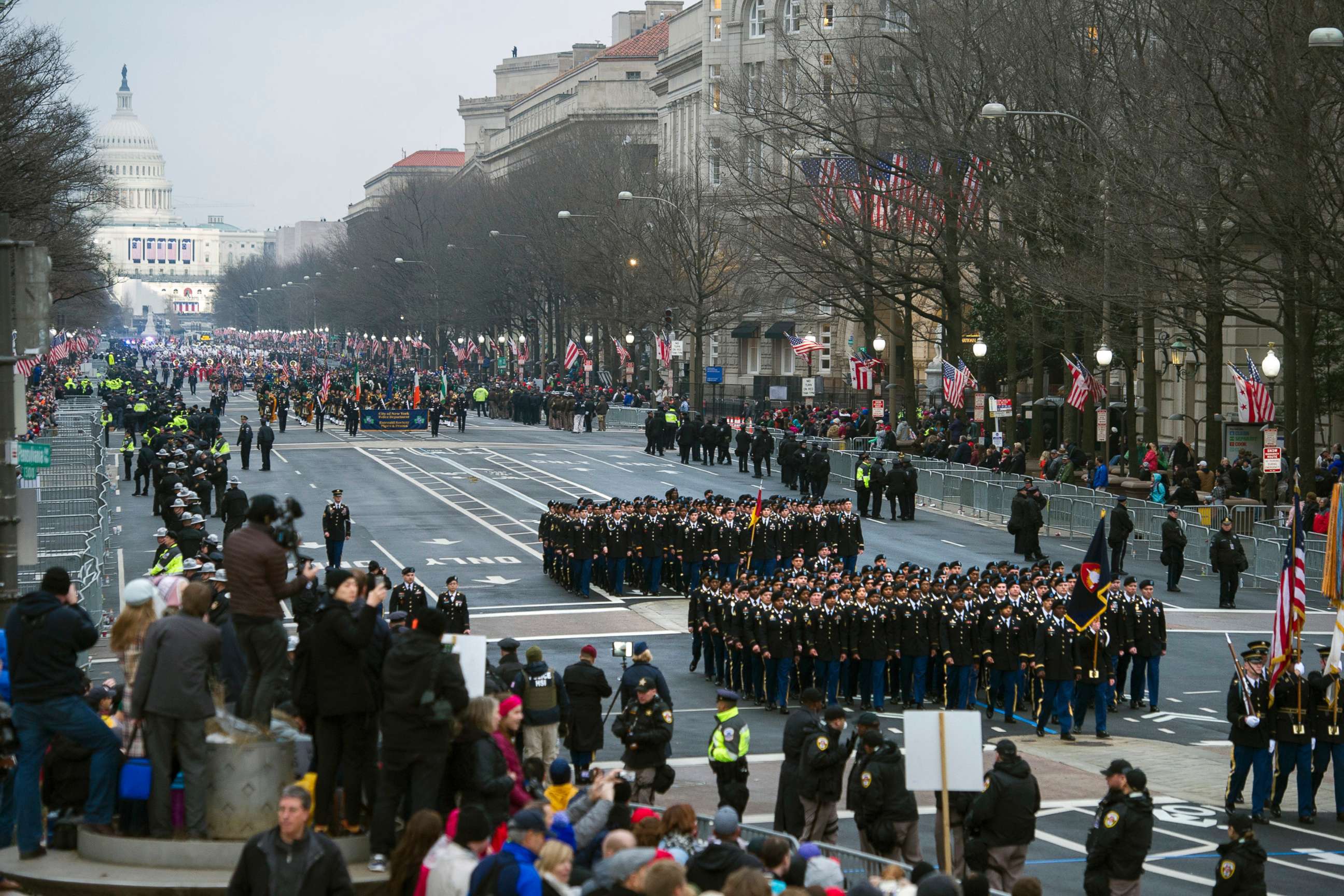 PHOTO: Military units participate in the inaugural parade from the Capitol to the White House in Washington, D.C., Jan. 20, 2017.