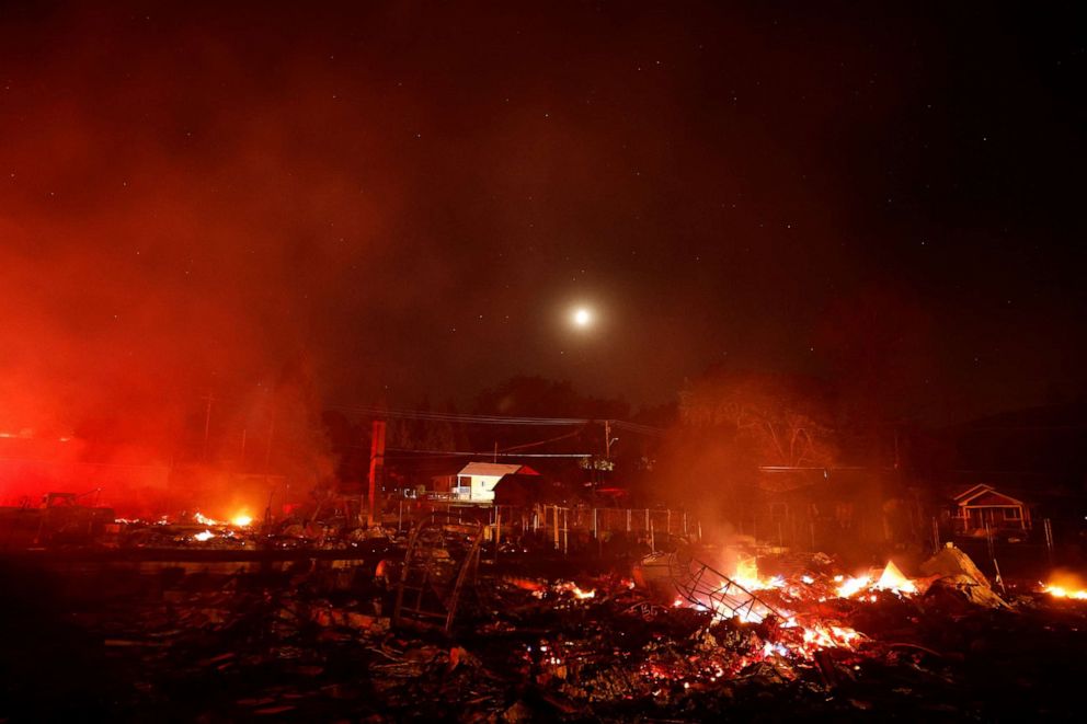 PHOTO: A general view of burnt and burning structures as the Mill Fire burns near Weed, Calif., Sept. 2, 2022.