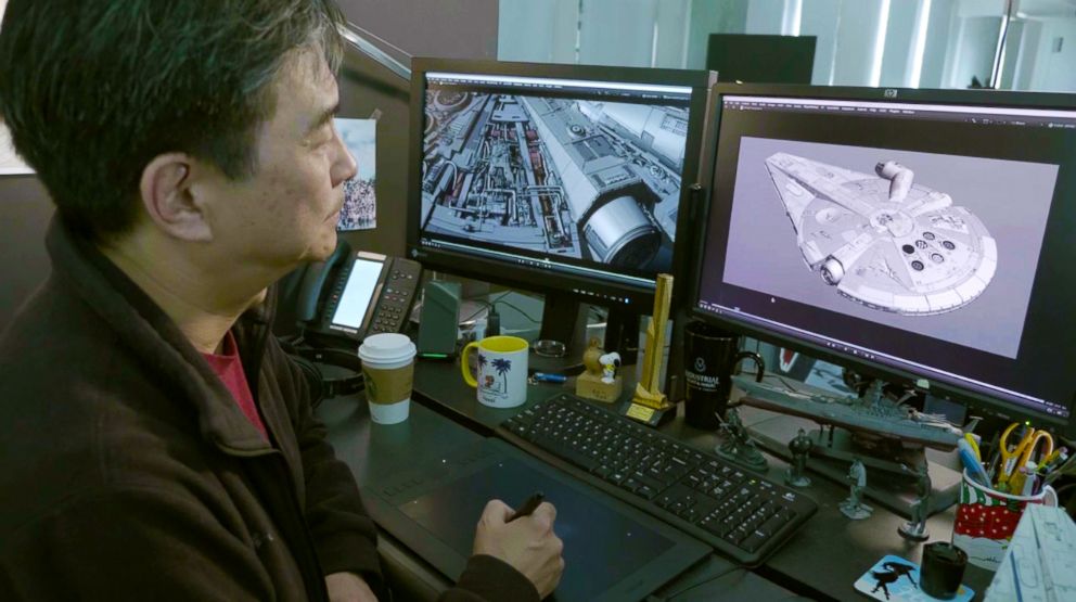 PHOTO: An image released by Lucasfilm shows Lead Modeler Masa Narita working on the famed Millenium Falcon for the latest story in the franchise, "Solo: A Star Wars Story."