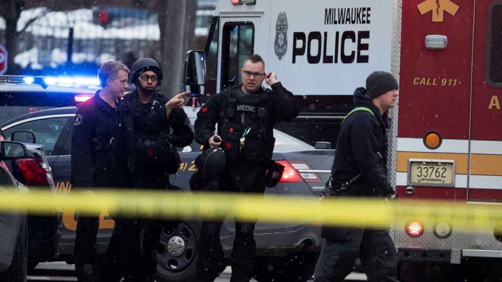 PHOTO: Police and emergency officials work at an active shooter scene at the Molson Coors headquarters in Milwaukee, Feb. 26, 2020. 