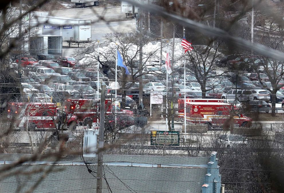 PHOTO: Emergency vehicles are parked near the entrance to Molson Coors headquarters in Milwaukee, Feb. 26, 2020.