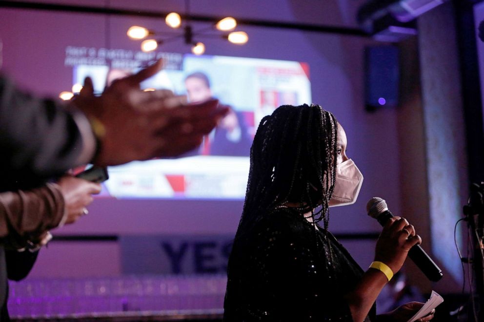 PHOTO: Corenia Smith, campaign manager for the Yes 4 Minneapolis campaign, speaks to supporters after the race is called and the measure to replace the Minneapolis police department failed, at a Yes 4 Minneapolis watch party in Minneapolis, Nov. 2, 2021. 