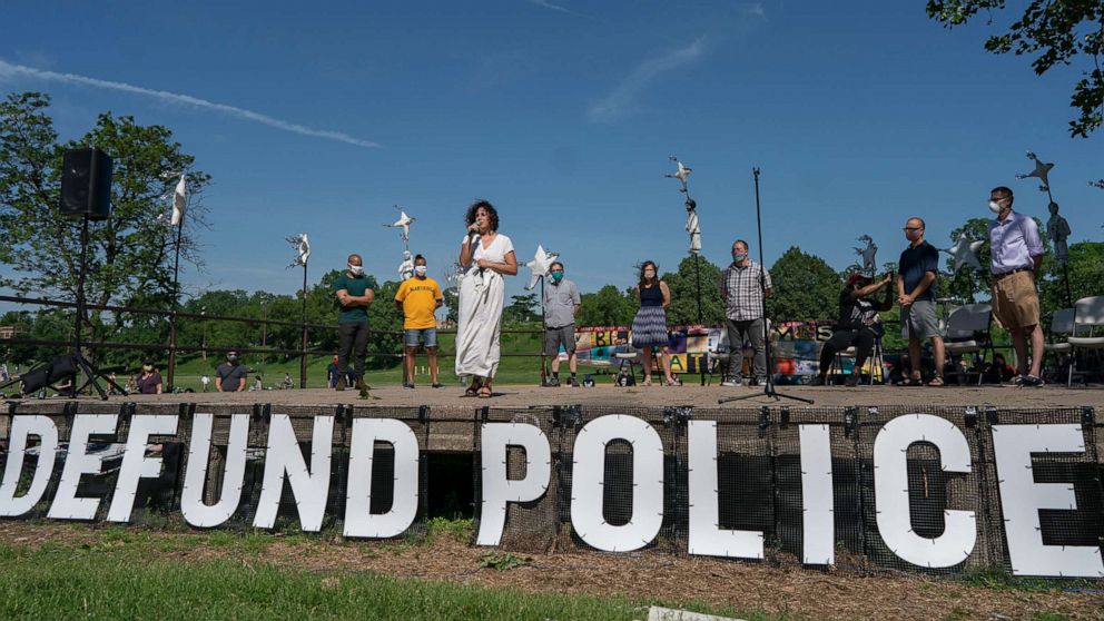 PHOTO: In this June 7, 2020, file photo, Alondra Cano, Minneapolis City Council 9th Ward member, spoke to community members at "The Path Forward" meeting at Powderhorn Park in Minneapolis.