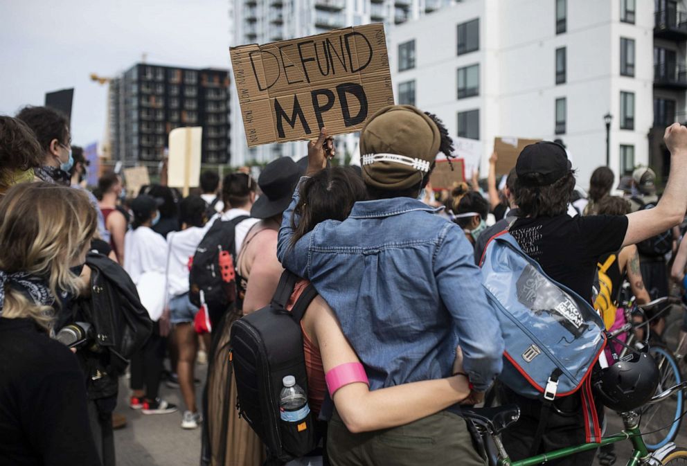 PHOTO: In this June 6, 2020, file photo, demonstrators calling to defund the Minneapolis Police Department march on University Avenue in Minneapolis.