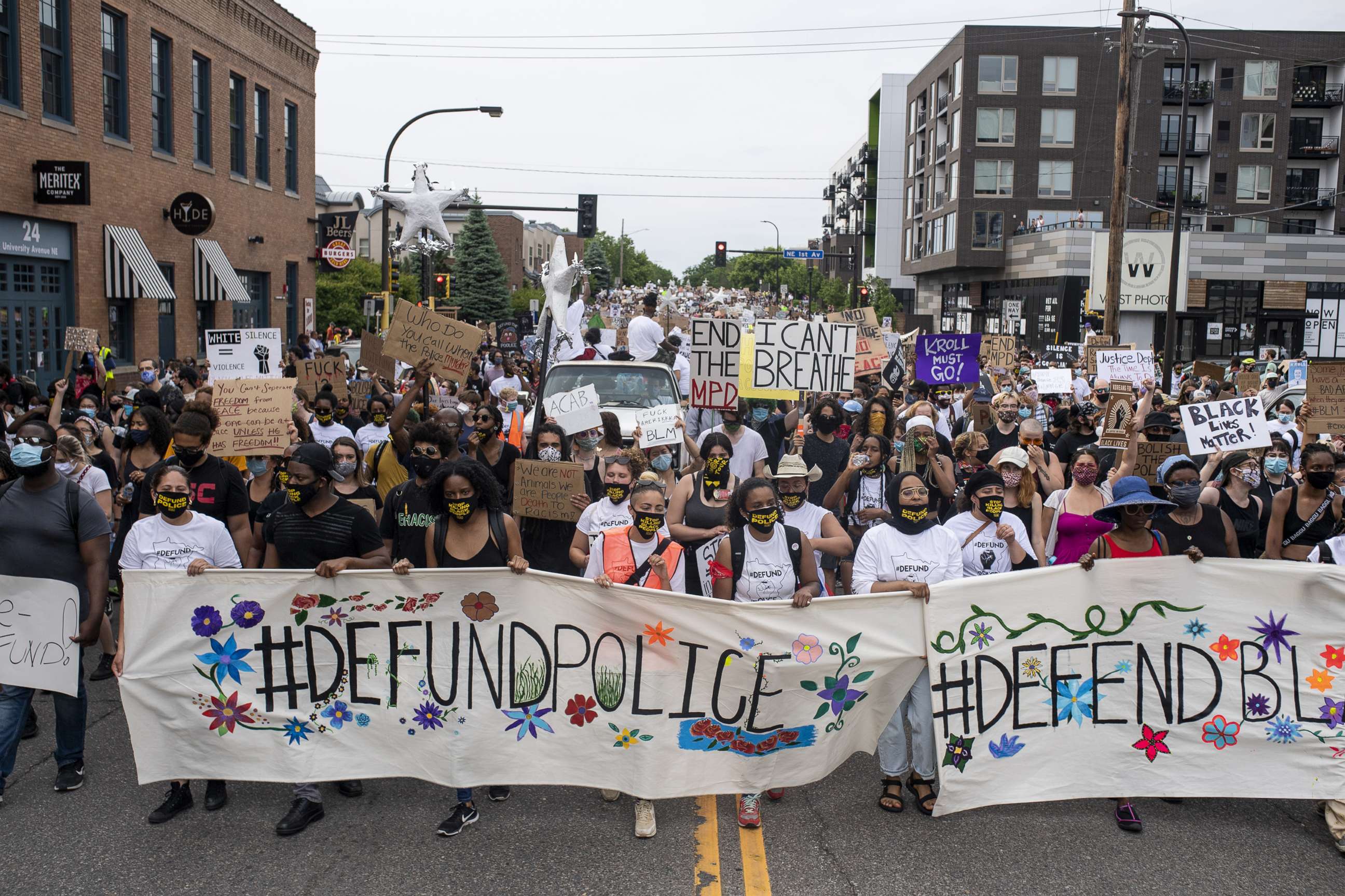 PHOTO: In this June 6, 2020, file photo, demonstrators calling to defund the Minneapolis Police Department march on University Avenue in Minneapolis.