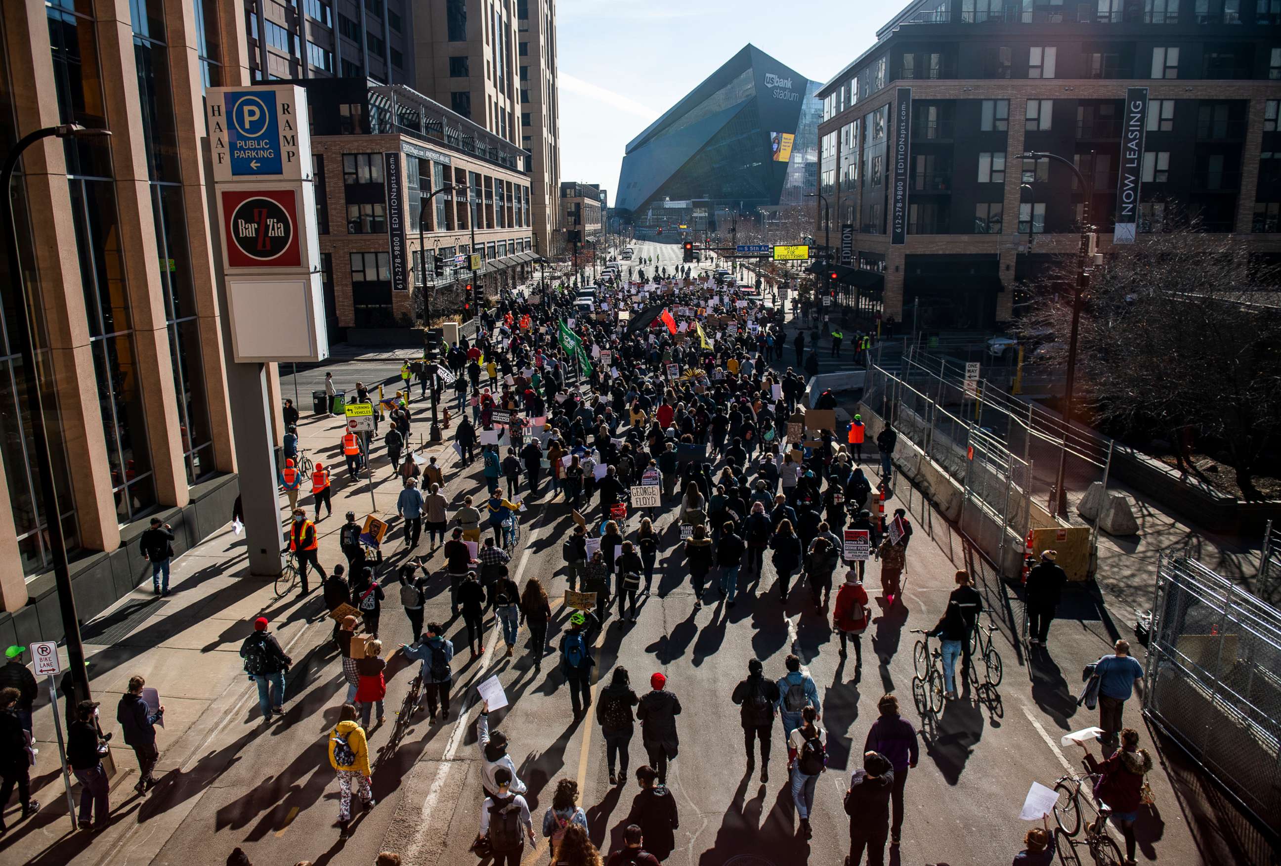 PHOTO: People march during a demonstration in honor of George Floyd, March 8, 2021, in Minneapolis.