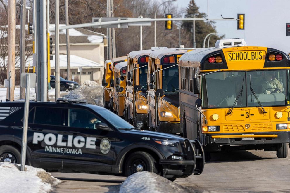PHOTO: Police vehicles sit in front of South Education Center Academy in Richfield, Minn., on Feb. 1, 2022.