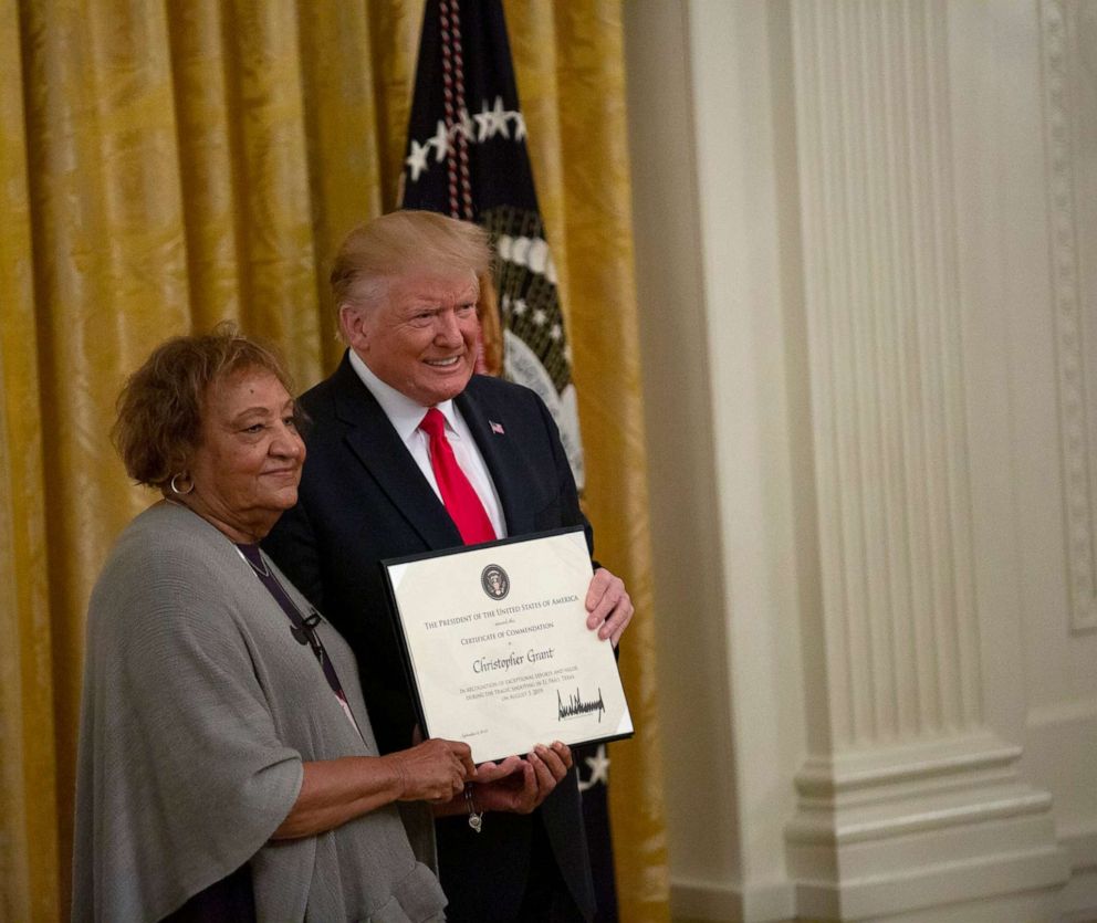 PHOTO: Ms. Minnie Grant accepts Heroic Commendations from President Donald J. Trump on behalf of her son, Chris Grant, in an East Room ceremony at the White House in Washington D.C., Sept. 9, 2019.