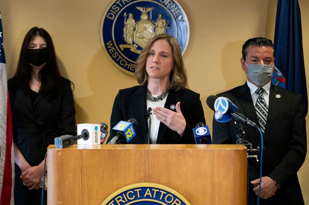 PHOTO: Westchester County District Attorney Miriam Rocah, center, speaks during a news conference to announce the release of an investigative report on Robert Durst, Jan. 19, 2022, in White Plains, N.Y.