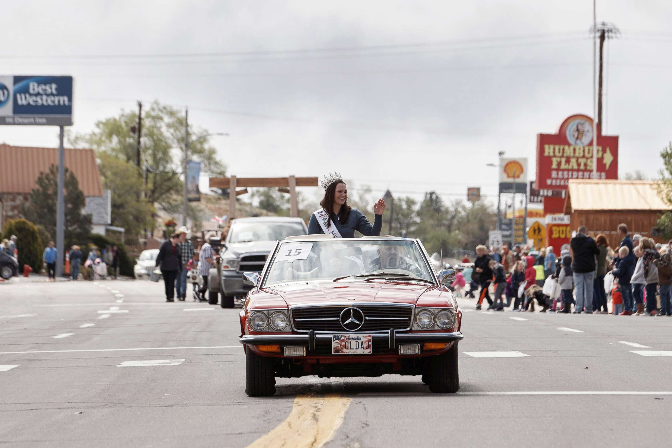 PHOTO: In this May 25, 2019, file photo, Ms. Nevada State Katie Williams waves from a car during a parade in Tonopah, Nevada.