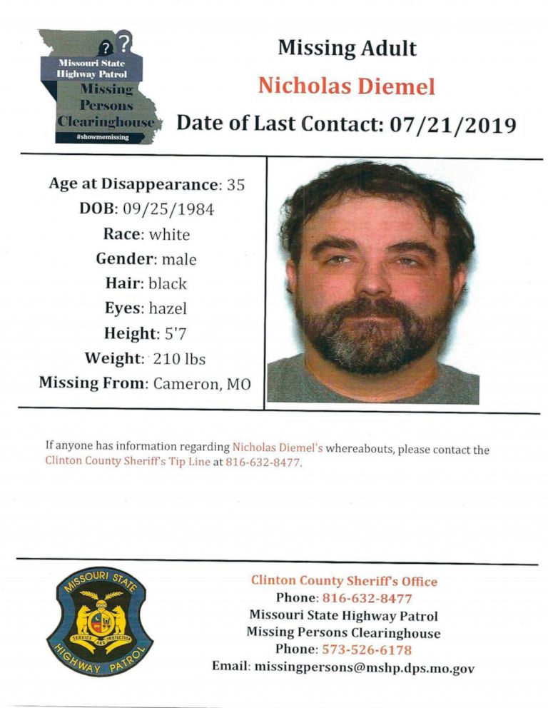 PHOTO: This document provided by the Clinton County Missouri Sheriff's Department shows a missing poster for Nicholas Diemel.
