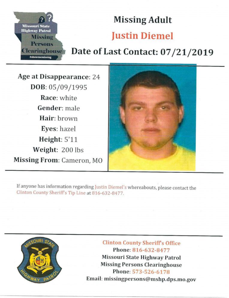 PHOTO: This document provided by the Clinton County Missouri Sheriff's Department shows a missing poster for Justin Diemel.