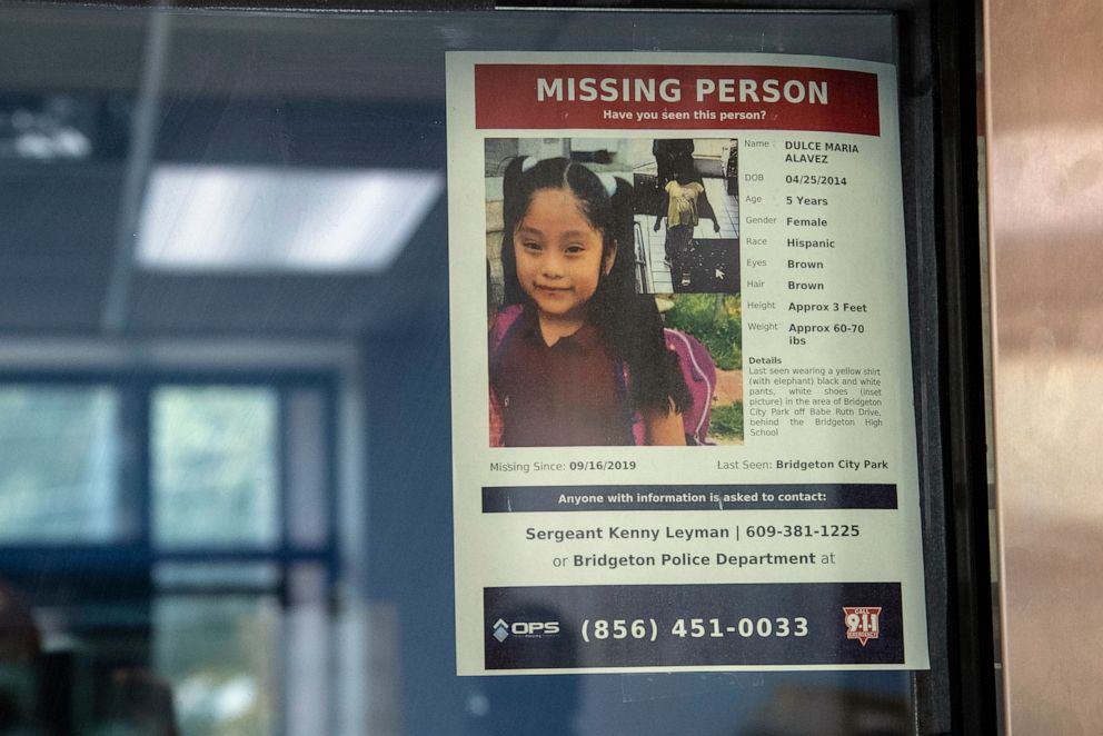 PHOTO: A missing poster for 5-year old Dulce Maria Alavez is posted on the window of the Bridgeton Police department in Bridgeton, N.J., Sept. 18, 2019.