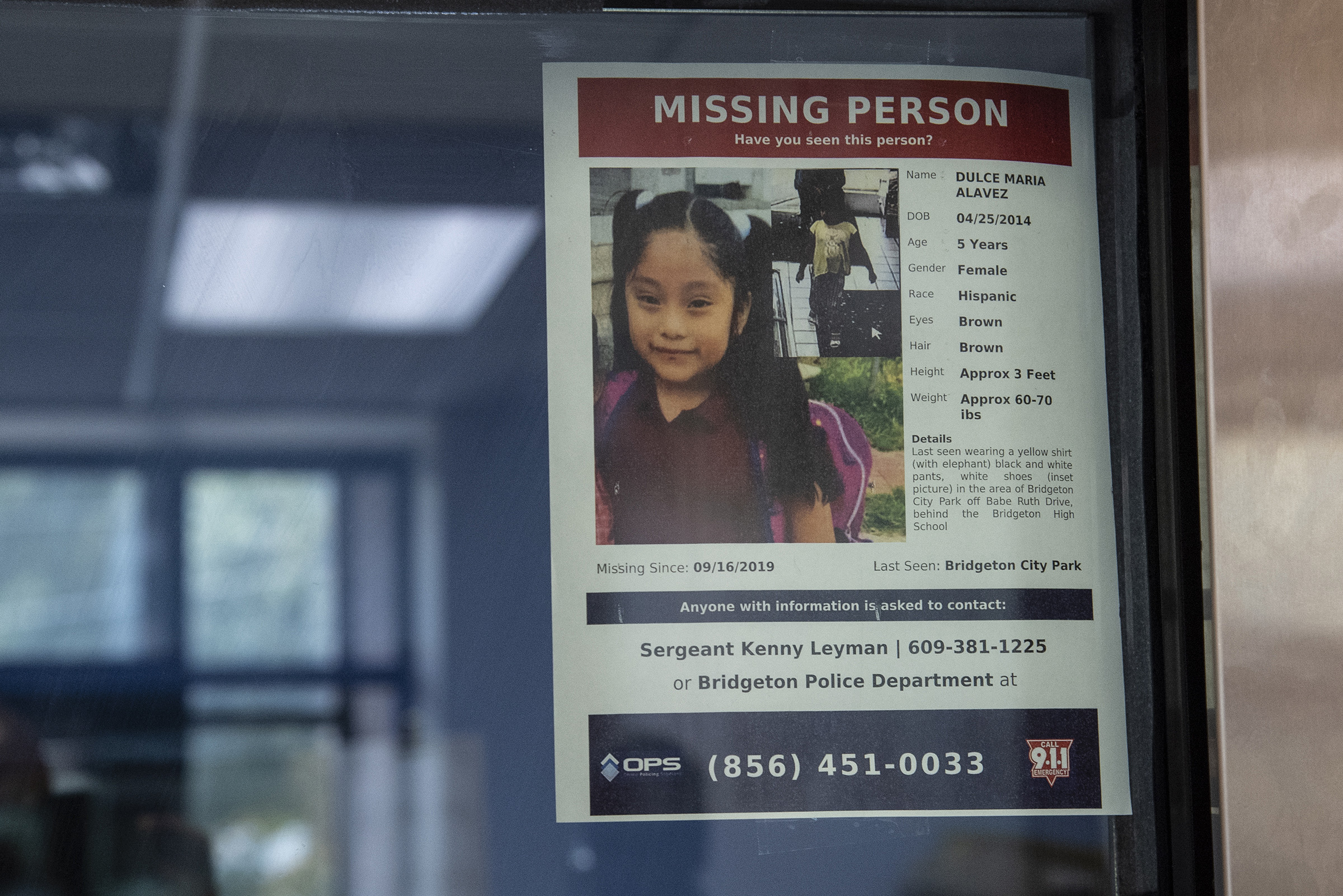 PHOTO: A missing poster of 5-year old Dulce Maria Alavez is shown posted on the window of the Bridgeton Police department in Bridgeton, N.J., September 18, 2019.