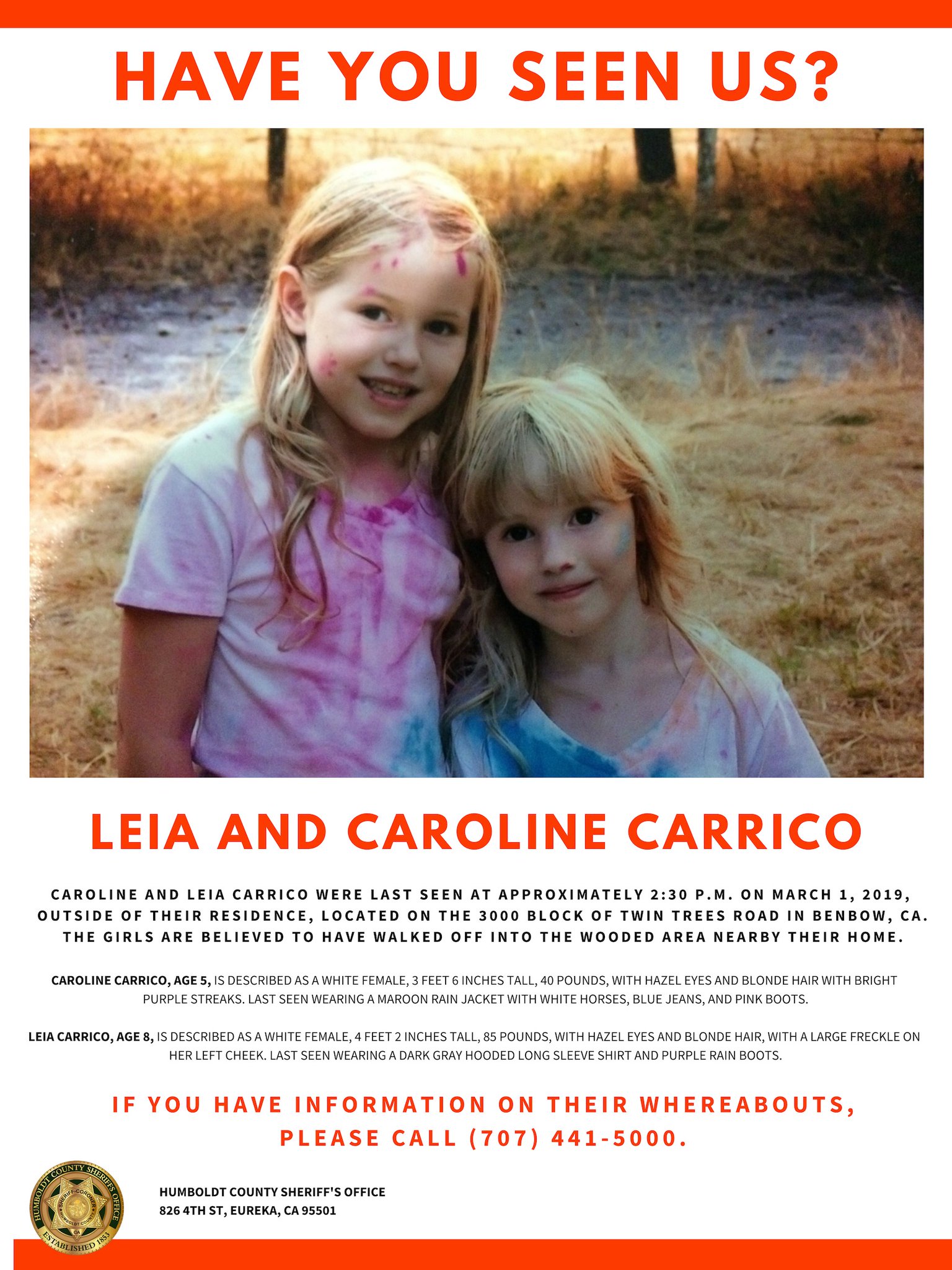 PHOTO: A search is on in Humboldt County for 8-year-old Leia Carrico and her 5-year-old sister, Caroline Carrico, who went missing on March 1, 2019, after wandering away from their home in Benbow, Calif. 