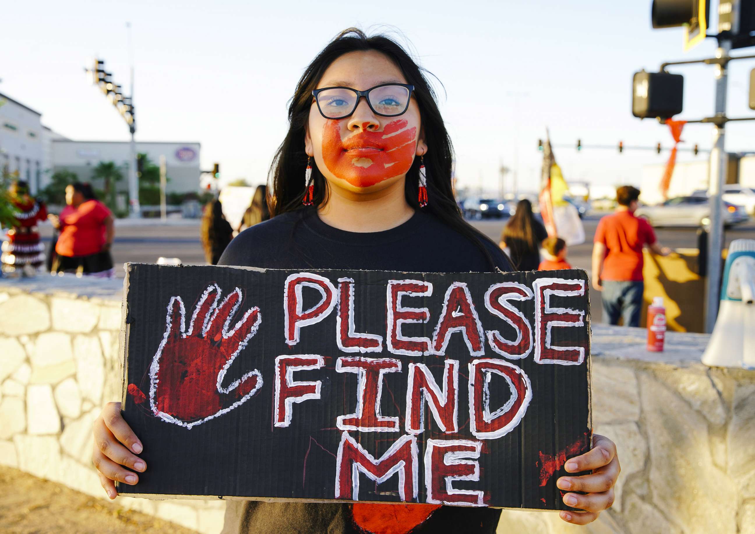 PHOTO: Members of several indigenous nations and community activists protest and bring awareness to the innattention to the high number of indigenous women who are murdered and missing, near Yuma, Ariz., May 6, 2022.