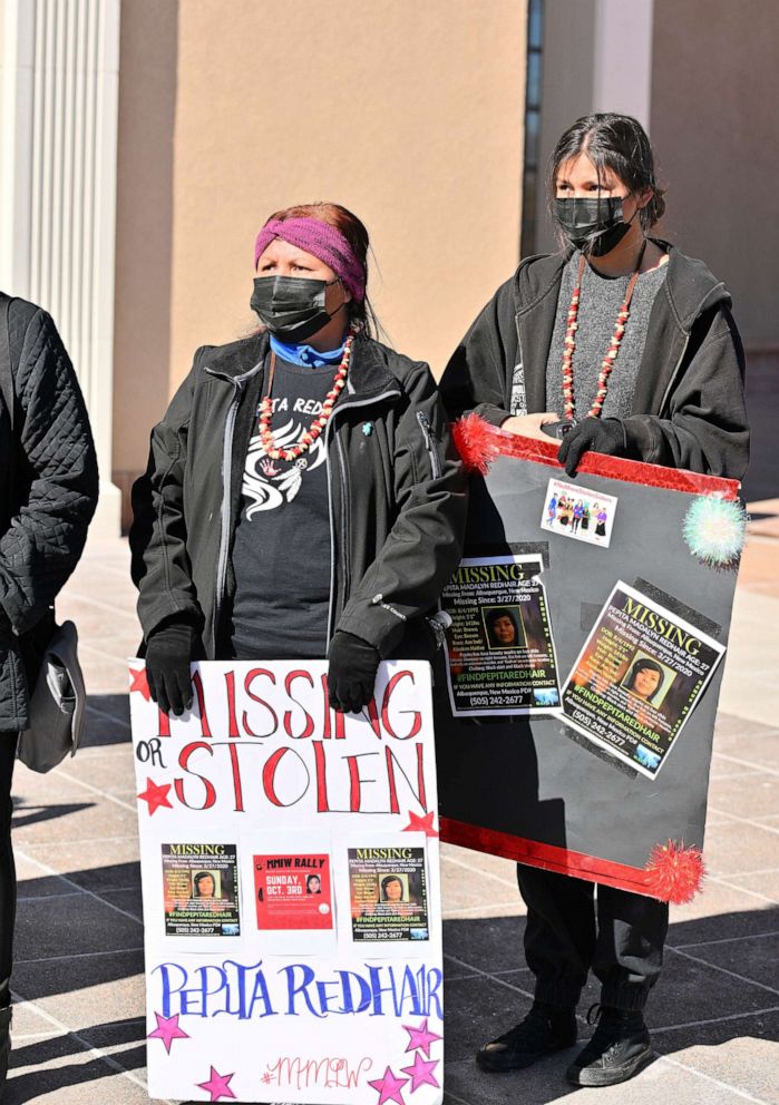 PHOTO: People attend a rally to raise awareness for missing and murdered Indigenous relatives at the New Mexico State Capitol on Feb. 4, 2022 in Santa Fe, N.M.