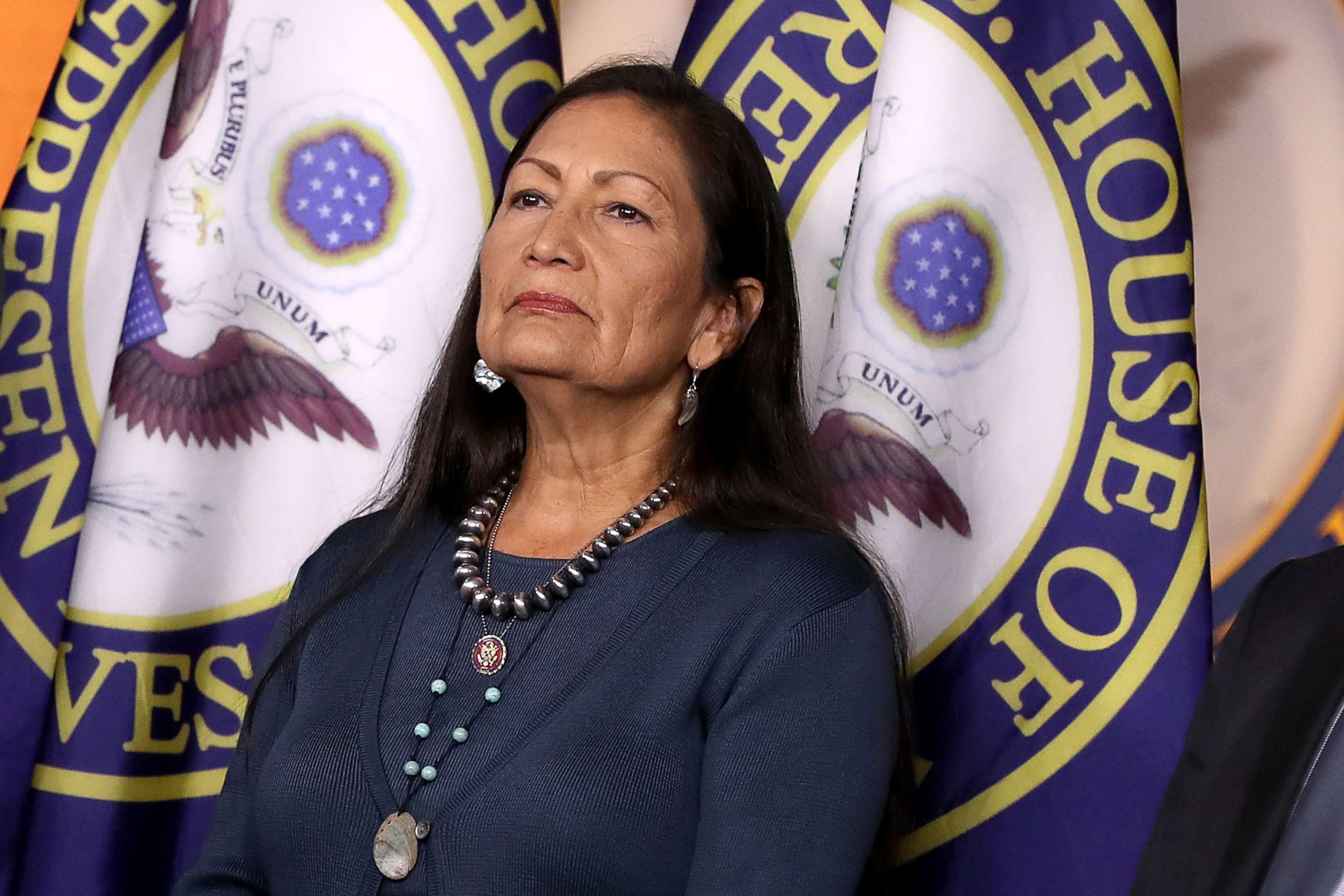 PHOTO: Rep. Deb Haaland attends a news conference at the Capitol, Sept. 27, 2019.