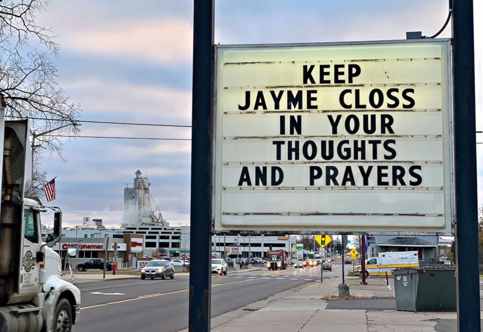 A sign is pictured in the small town of Barron, Wis., Oct. 23, 2018, where 13-year-old Jayme Closs was discovered missing Oct. 15 after her parents were found fatally shot at their home. A search was being organized to find the couples missing daughter. 