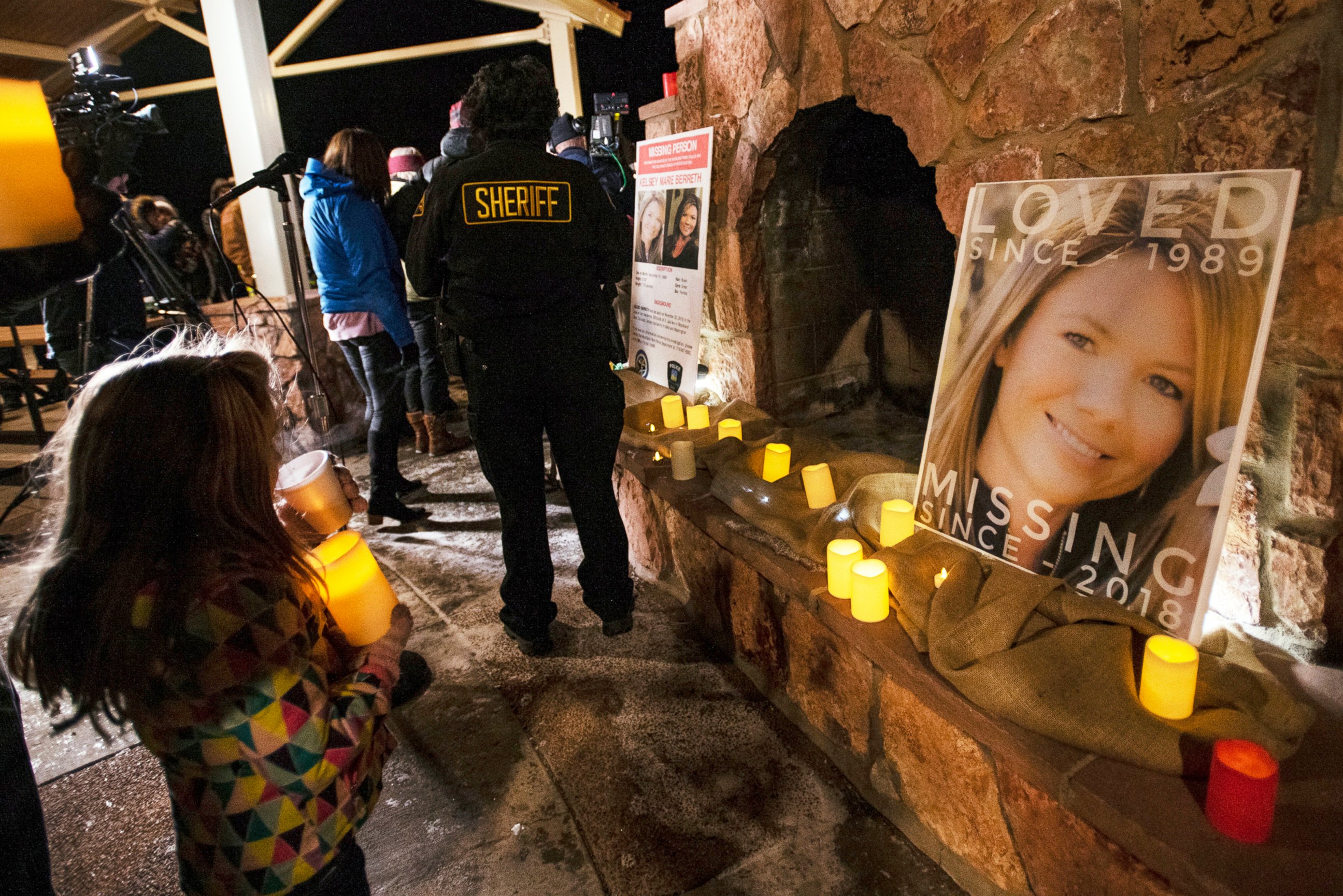 PHOTO: In this Dec. 13, 2018 file photo, community members hold a candlelight vigil for Kelsey Berreth under the gazebo of Memorial Park in Woodland Park, Colo. Authorities have arrested the fiance of the Colorado woman who was last seen on Thanksgiving.