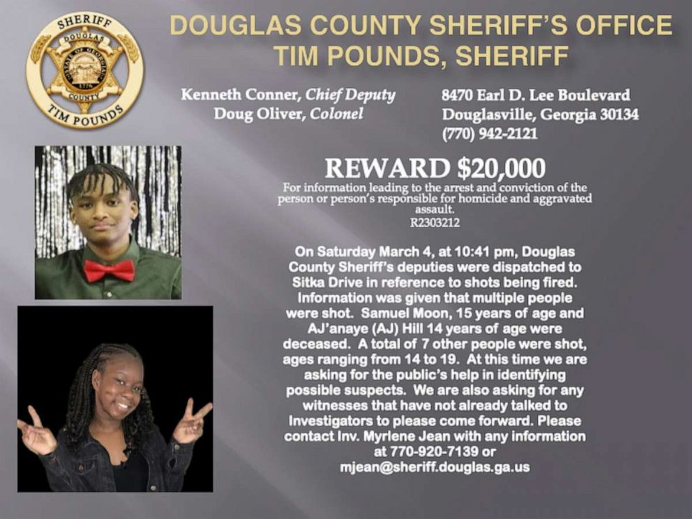 PHOTO: Reward poster for the two victims of a shooting outside a house party Saturday night in the Atlanta suburb of Douglasville, Georgia, released by the Douglas County Sheriff's Office.