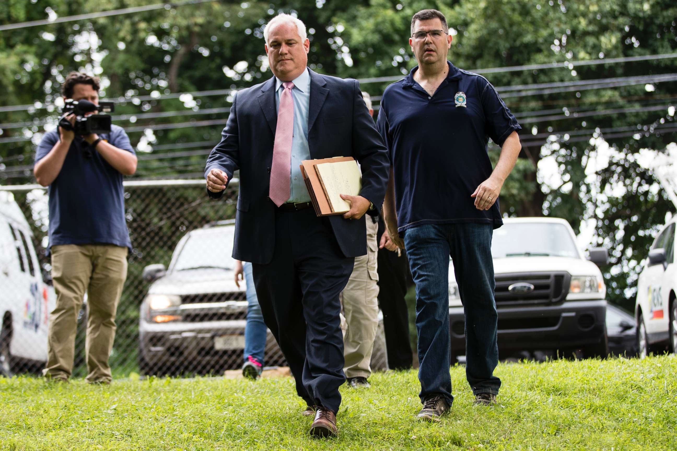 PHOTO: Matthew Weintraub, District Attorney for Bucks County, Pa., left, and Gregg Shore, First Assistant District Attorney arrive for a news conference, Wednesday, July 12, 2017, in Solebury, Pa.