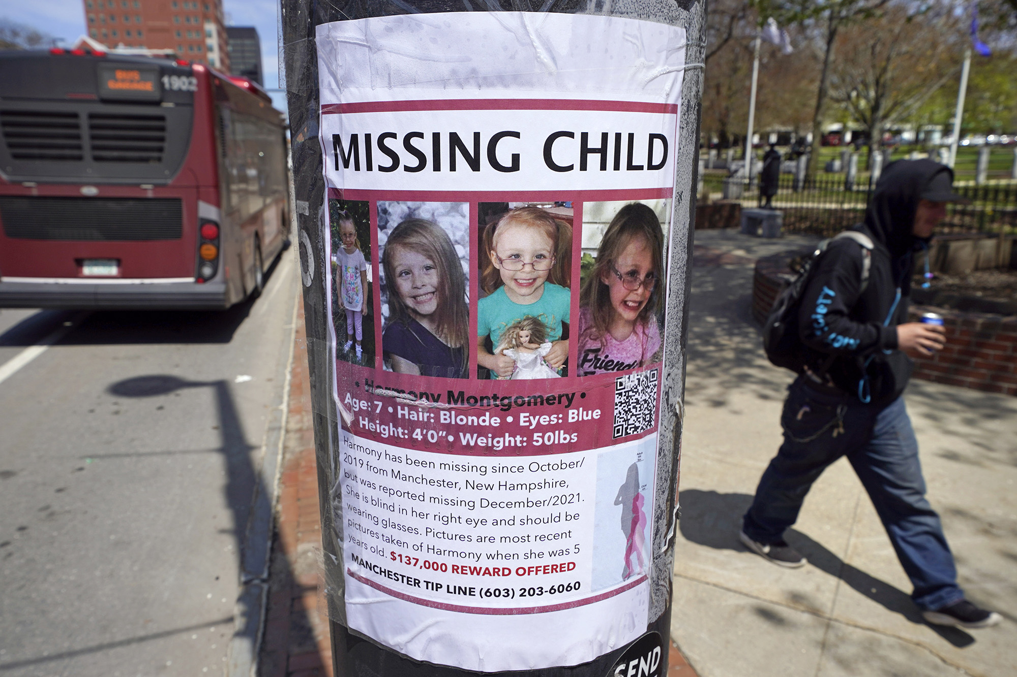 PHOTO: A "missing child" poster for Harmony Montgomery hangs on a post in Manchester, N.H., May 5, 2022.
