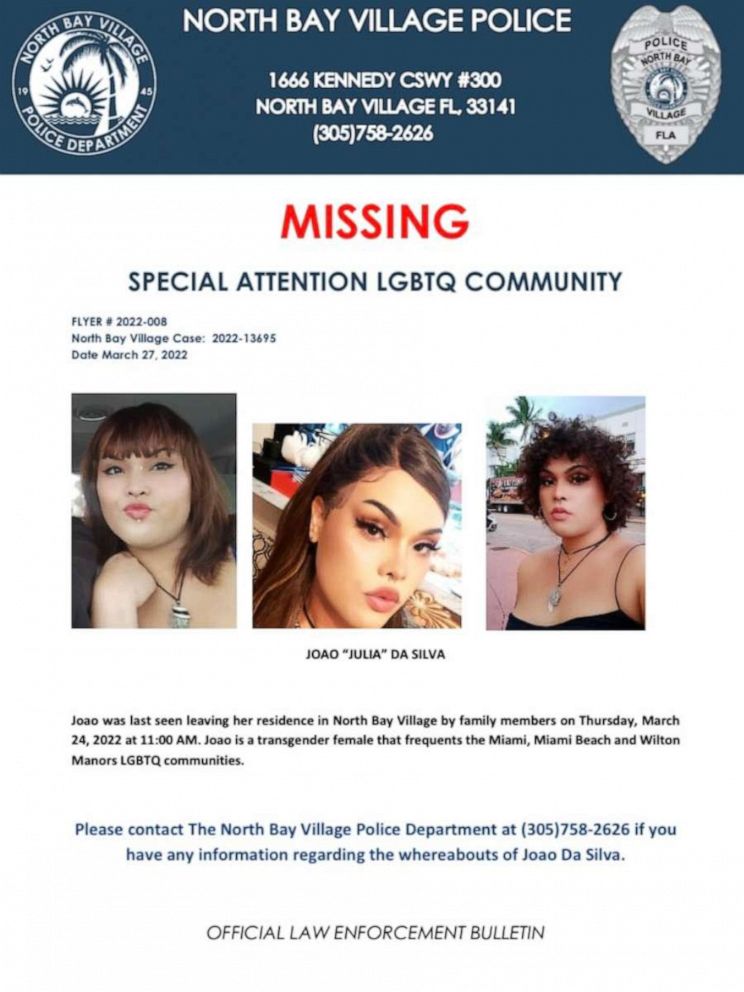 PHOTO: Police are looking for information about Joao "Julia" da Silva, a 23-year-old trans woman, missing since March 24, when she was last seen leaving her residence in North Bay Village, in Florida by family members.