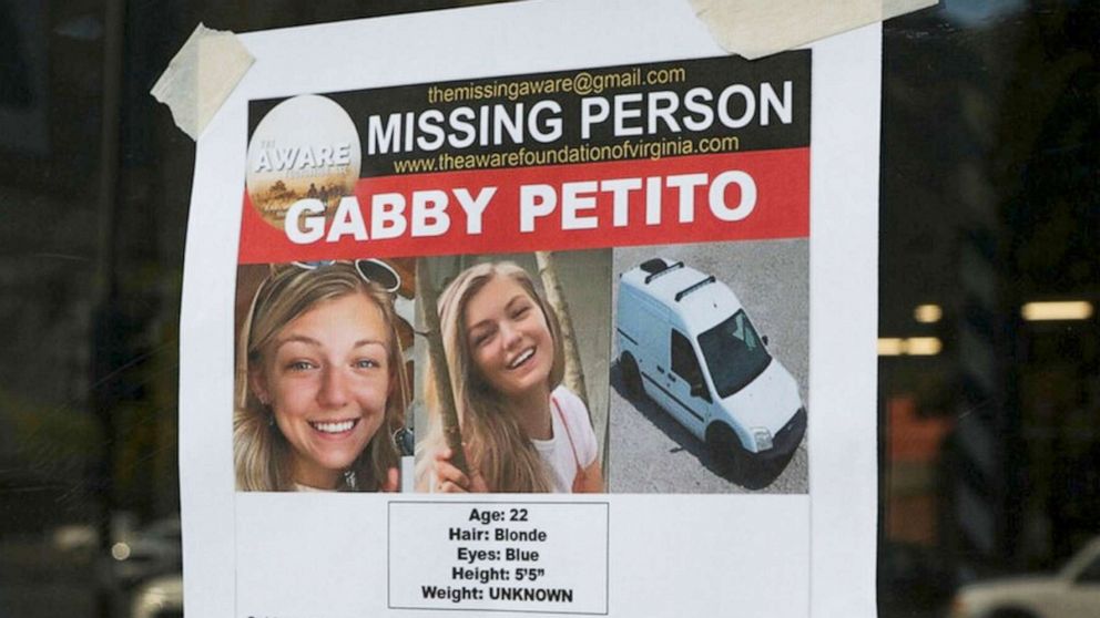 PHOTO: A Suffolk County Police Department missing person poster for Gabby Petito is posted in Jackson, Wyo., Sept. 16, 2021.