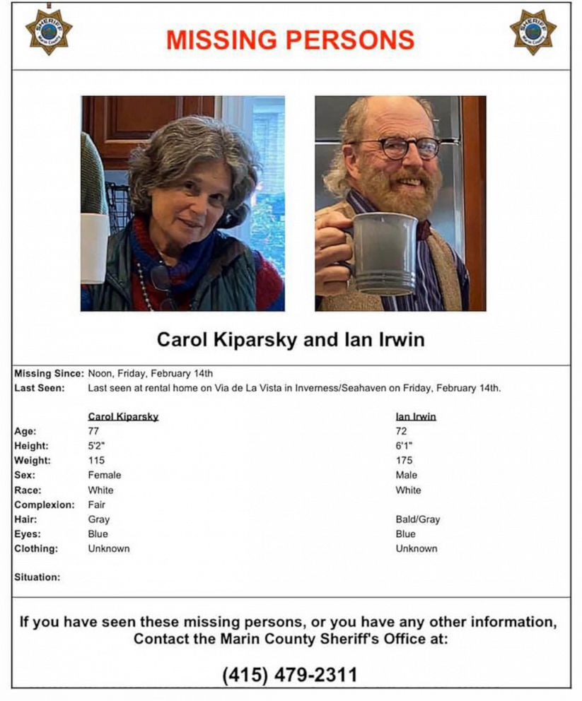 PHOTO: Authorities released photos of Palo Alto couple Carol Kiparsky and Ian Irwin who went missing on Feb. 14, 2020, in  Marin County, Calif.