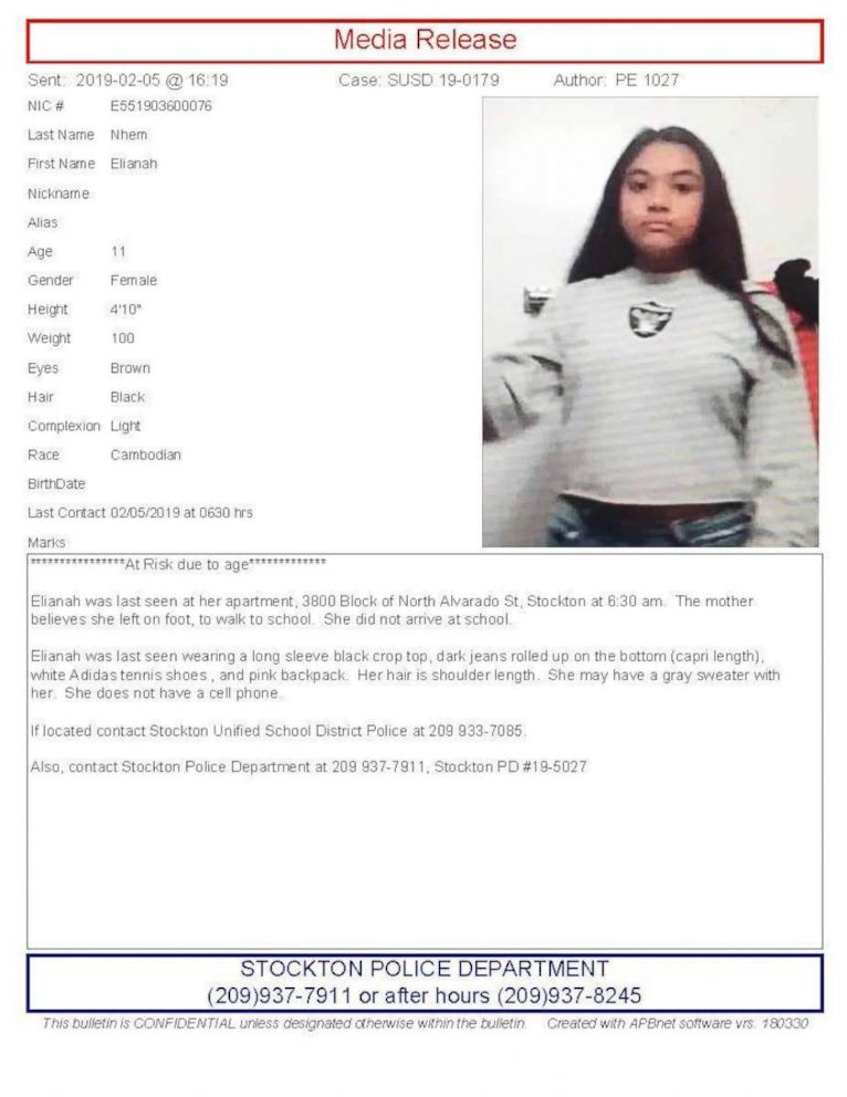 PHOTO: Elianah Nhem, 11, has gone missing in Stockton, Calif., according to police.