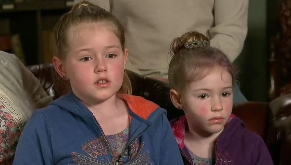 PHOTO: Sisters 8-year-old Leia Carrico and 5-year-old Caroline Carrico speak to the media about surviving in the woods for 2 days. 